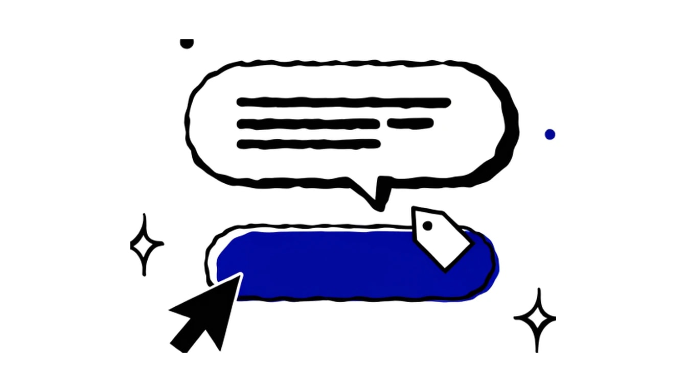 Illustratie van een antwoordballon met daaronder een apart blauw vlak met een prijskaartje, aangewezen door een muiscursor.