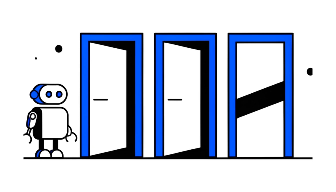 Illustratie van een robot voor drie deuropeningen: twee staan open, de derde is met een balk afgesloten.